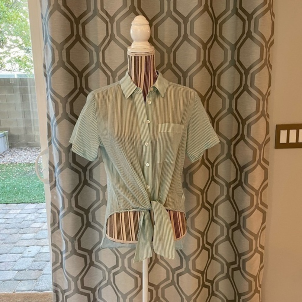 Theory LT Cotton Stripe Button Down Tie Front Top NWT